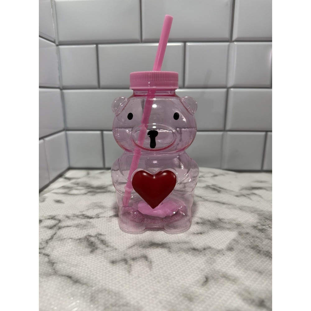 Viral Dollar Tree Pink Bear 20oz Plastic Tumbler Cup w Straw Heart